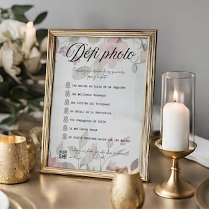 Huwelijksspel met foto-uitdaging, Canva-model in het Frans om af te drukken, animatie voor receptie, poster voor bloemdecoratie, onmiddellijke download