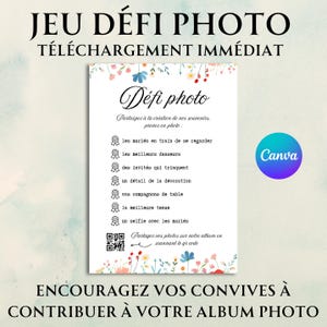 Jeu défi photo à télécharger, animation vin d'honneur mariage et soirées, modèle Canva en français personnalisable imprimable, fleuri colore
