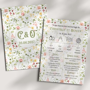 Faire part mariage rustique herbiers et fleurs - Modèle Canva en français - Template invitation mariage thème champêtre, vintage, aquarelle