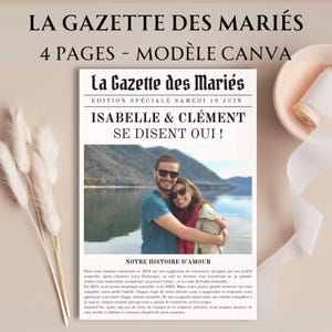 Gazette des Marés auf Französisch – Canva-Modell, 4 Seiten im Format A3 und A4 – Gastgeschenk-Tagebuch, anpassbares Hochzeits-Souvenir zum Ausdrucken