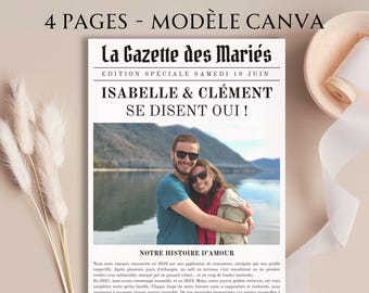 Wedding Gazette in French - Canva Template, 4 pages, A3 and A4 formats - Guest favor book, customizable printable wedding keepsake
