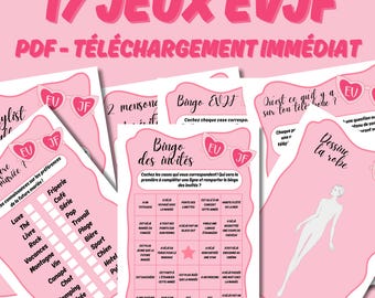 May include: A set of 17 printable games for a hen party. The games are pink and white with a pink and white sunglasses graphic. The games include "Bingo EVJF", "Dessine la robe", and "Quest ce qu'il y a sur ton telephone?"
