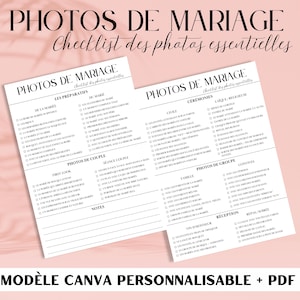 Peut inclure: Une liste de contrôle noir et blanc pour la photographie de mariage. La liste de contrôle est divisée en sections pour la préparation de la mariée et du marié, la cérémonie, le couple, les photos de famille, les photos de groupe et la réception. La liste de contrôle comprend des éléments tels que "Premier regard", "Préparation de la mariée", "Préparation du marié", "Cérémonie", "Portraits de couple", "Photos de famille", "Photos de groupe", "Réception" et "Dîner".