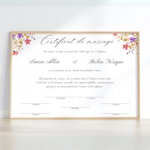 Marriage certificate, secular union ceremony, ritual souvenir of vows and commitment, French Canva model to print, country wedding