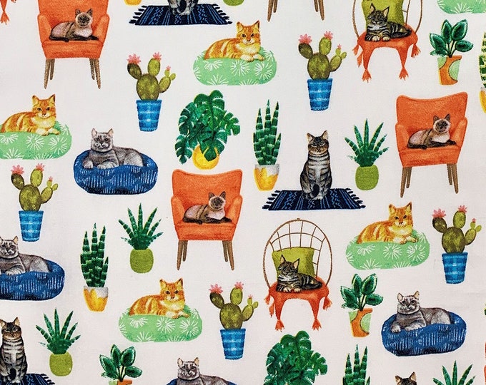 Cat Fabric Lounging Cats on White Novelty Cotton Fabric 1/2 YARD 100