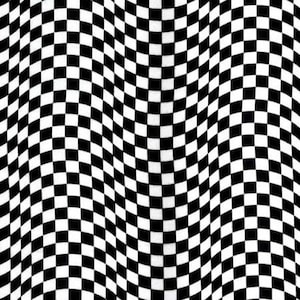 May include: A black and white checkered pattern with a wavy, distorted effect. The design features a repeating grid of black and white squares, creating an optical illusion of movement and depth. The pattern is a classic design, often used in fashion and graphic design.