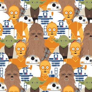 May include: A colorful, repeating pattern featuring characters from Star Wars. The pattern includes Yoda, Chewbacca, R2-D2, C-3PO, and other characters. The background is a bright orange color.