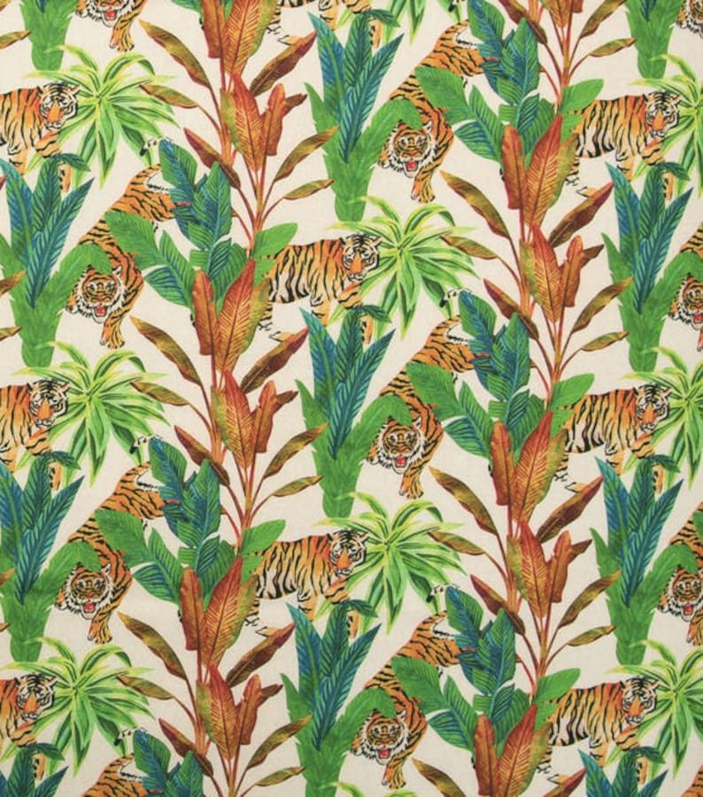 May include: A seamless pattern featuring orange and black tigers in a jungle setting. The tigers are depicted in a realistic style, with lush green foliage and vibrant flowers surrounding them.