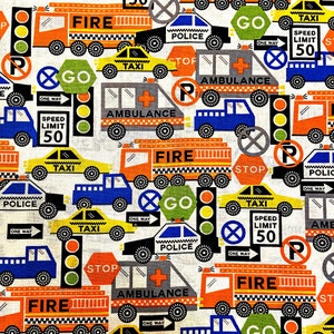 Vehicles Fabric  Police Car Fire Truck Ambulance  Truck Taxi Fabric   Cotton Fabric Fat Quarter Ships 1 Business Day