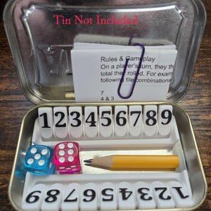 Shut The Box, Travel Size Game, Fits In Mint Tin, Includes 2 Numbered Inserts, Dice, Pencil, Score Rules Sheet, Great For Office Lunch Times