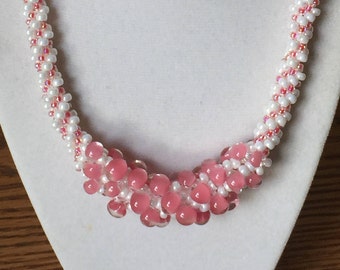 Pink and Pearl Kumihimo necklace and earring set