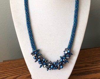 Blue Kumihimo Necklace with Multi Blue & Silver Focal
