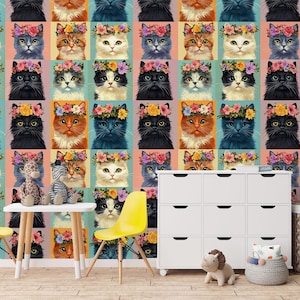 Colorful Cat Wallpaper – Cute Floral Cat Wall Mural for Kids Room – Peel and Stick Animal Wallpaper – Playful Pet Wall Decor