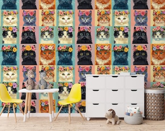 Floral Cat Wallpaper – Peel and Stick Kids Room Wall Mural