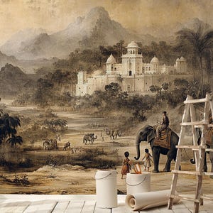 Carta da parati murale vintage Jungle Palace - Elefante esotico e scena naturale - Arte murale / Carta da parati staccabile e adesiva