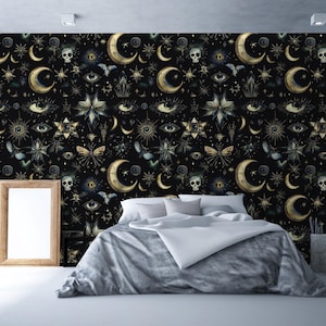 Mystical Moon and Stars Wallpaper: Gothic Celestial Decor (Peel and Stick or Non-Woven)