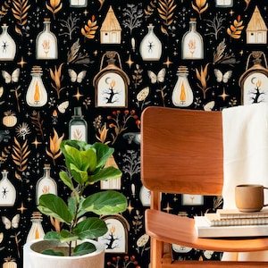 Witchy Cottagecore Wallpaper - Dark Botanical Wall Mural with Potion Bottles, Autmn Leaves & Magic Symbols - Peel and Stick or Non-Woven