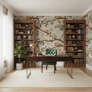 K&ouml;nnte beinhalten: Ein Heimb&uuml;ro mit einem dunklen Holzschreibtisch, einem gr&uuml;nen Stuhl und zwei gro&szlig;en B&uuml;cherregalen voller B&uuml;cher. Die W&auml;nde zeigen eine Tapete mit Leoparden auf &Auml;sten. Eine Topfpflanze steht in der N&auml;he des Fensters.
