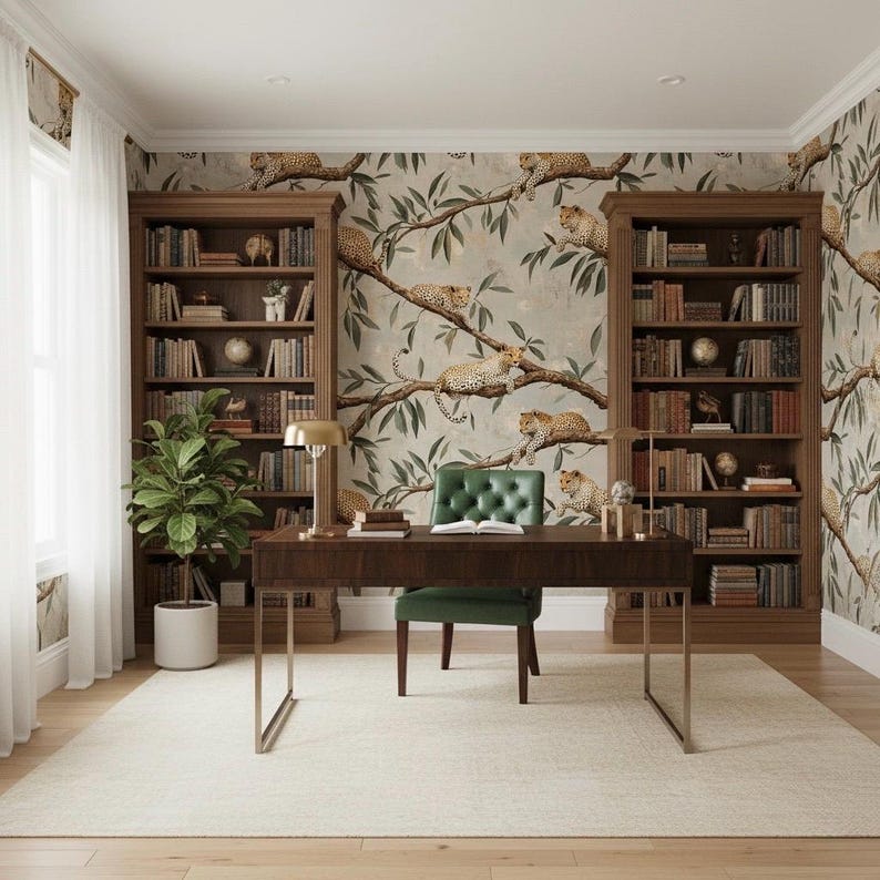 K&ouml;nnte beinhalten: Ein Heimb&uuml;ro mit einem dunklen Holzschreibtisch, einem gr&uuml;nen Stuhl und zwei gro&szlig;en B&uuml;cherregalen voller B&uuml;cher. Die W&auml;nde zeigen eine Tapete mit Leoparden auf &Auml;sten. Eine Topfpflanze steht in der N&auml;he des Fensters.