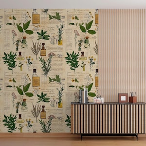 May include: A vintage-style wallpaper featuring a repeating pattern of botanical illustrations and glass bottles. The design is printed on a cream-colored background with handwritten text.