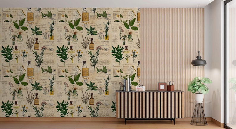 May include: A vintage-style wallpaper featuring a repeating pattern of botanical illustrations and glass bottles. The design is printed on a cream-colored background with handwritten text.