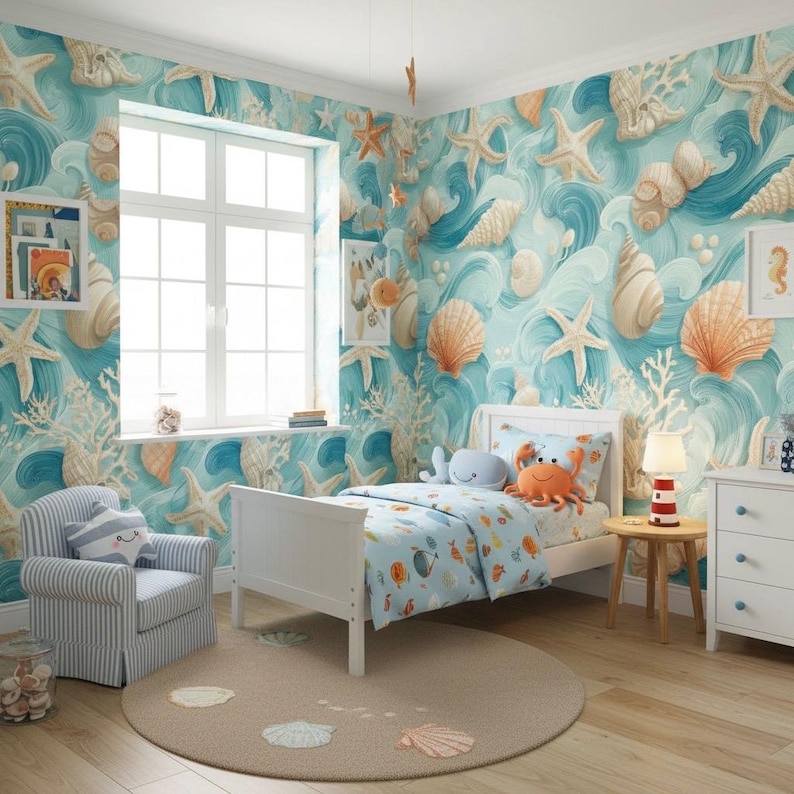 Seashell Wallpaper, Coastal Ocean Waves Wall Mural, Beach Bedroom Decor