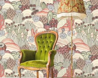 Retro Desert Cactus Wallpaper - Vintage Succulent Design | Peel and Stick Wallpaper