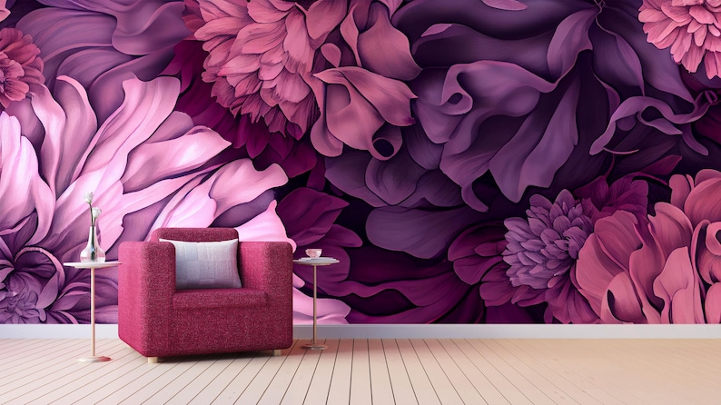 Pink and Purple Floral Mural Wallpaper - Elegant Peel and Stick - Etsy