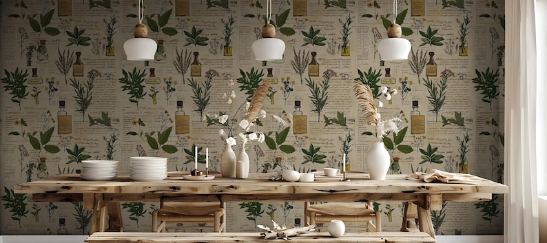 May include: A rustic dining room with a wooden table and chairs. The walls are covered in a beige wallpaper with a botanical print featuring various herbs and flowers. The wallpaper has a vintage, antique look.