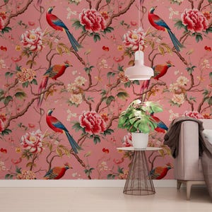 Floral Bird Wallpaper - Pink Background with Exotic Birds and Peonies | Peel and Stick Wallpaper