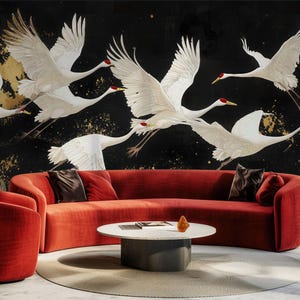 Carta da parati murale di lusso con gru - Elegante arte murale in nero e oro - Decorazione murale con uccelli in stile giapponese - Carta da parati rimovibile stacca e attacca