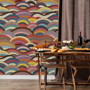 Vagues colorées Papier peint | Décoration murale géométrique moderne | Motif abstrait multicolore | Papier peint autocollant Boho vibrant