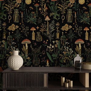 Botanical Mushroom Wallpaper: Dark Cottagecore Peel and Stick