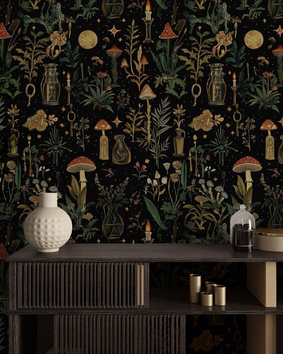 Botanical Mushroom Wallpaper: Dark Cottagecore Peel and Stick