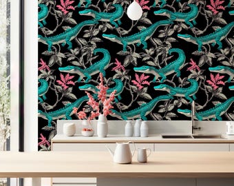 Tropische Alligator Tapete: Teal und Pink Jungle Akzent Wanddekor