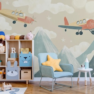Vintage Airplane Adventure Wall Mural for Kids’ Room - Mountain and Sky Theme | Peel and Stick Wallpaper