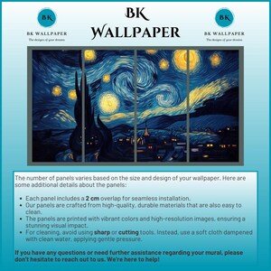 May include: A three-panel Starry Night themed wallpaper mural. Each panel includes a 2 cm overlap for seamless installation. The panels are crafted from high-quality, durable materials and are printed with vibrant colors and high-resolution images. The text on the image reads: "BK Wallpaper, The designs of your dreams."