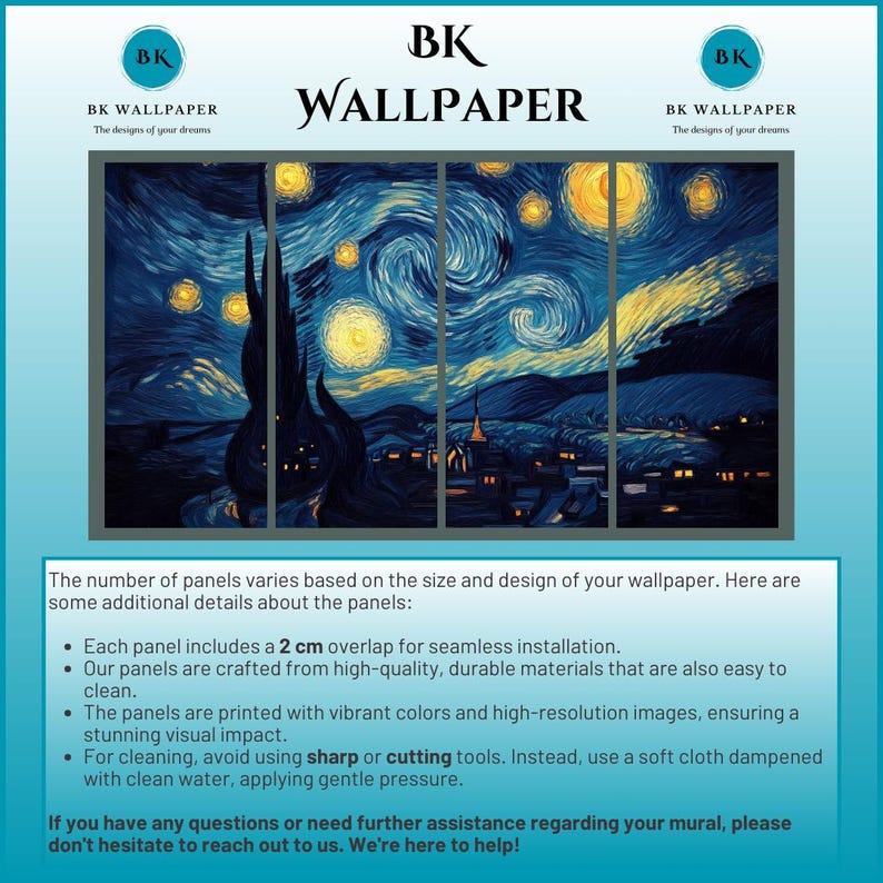 May include: A three-panel Starry Night themed wallpaper mural. Each panel includes a 2 cm overlap for seamless installation. The panels are crafted from high-quality, durable materials and are printed with vibrant colors and high-resolution images. The text on the image reads: "BK Wallpaper, The designs of your dreams."