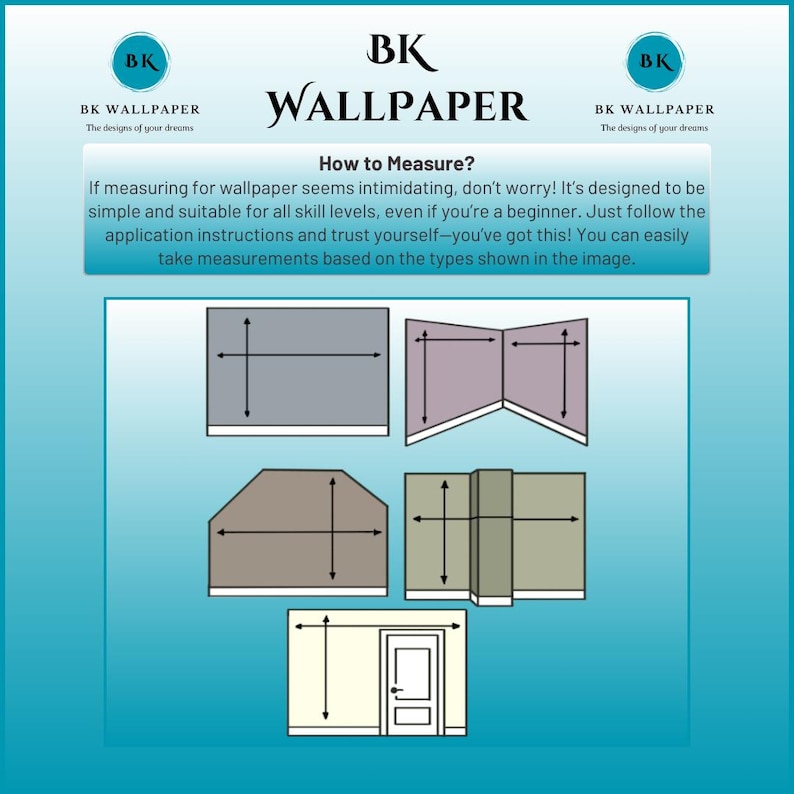 K&ouml;nnte beinhalten: Eine t&uuml;rkisfarbene und wei&szlig;e Grafik mit dem Text "BK WALLPAPER" und "How to Measure?" Das Bild zeigt Diagramme zum Messen von W&auml;nden f&uuml;r Tapeten, mit Text, der den Prozess erkl&auml;rt. Das BK-Logo befindet sich in den oberen Ecken.