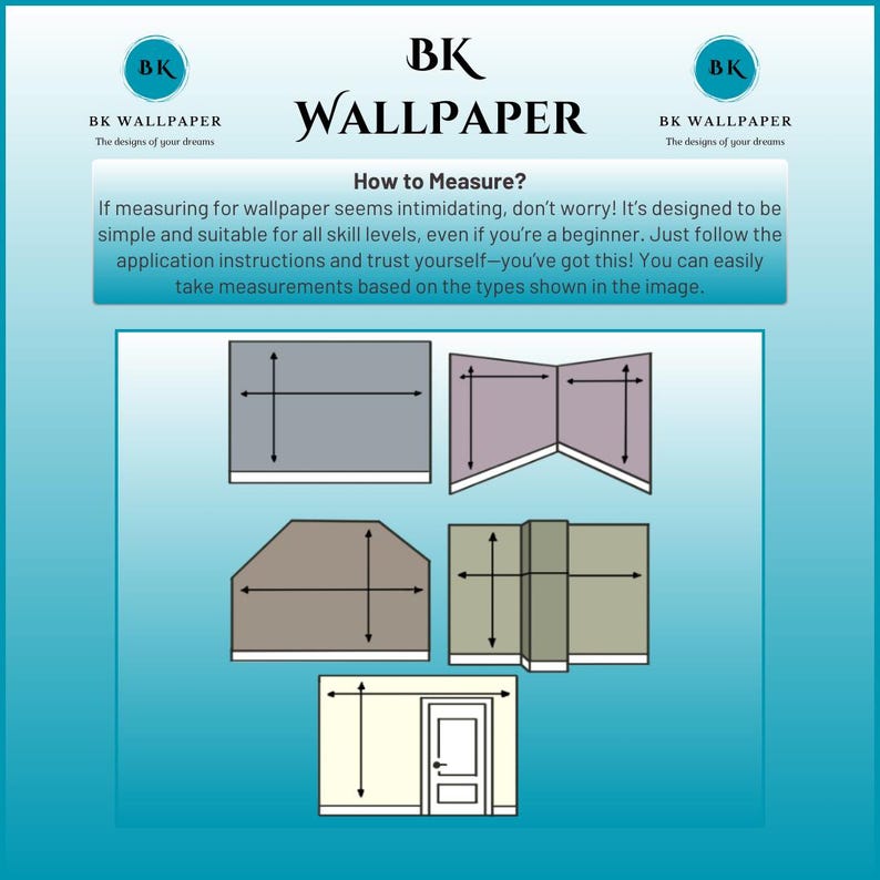 May include: Diagram showing how to measure for wallpaper. The diagram shows four different wall configurations with measurements marked for each. The text reads "How to Measure? If measuring for wallpaper seems intimidating, don't worry! It's designed to be simple and suitable for all skill levels, even if you're a beginner. Just follow the application instructions and trust yourself-you've got this! You can easily take measurements based on the types shown in the image."
