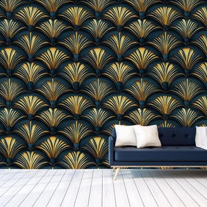 Art Deco Tapete - Gold und Marineblau Wandgemälde - Luxus geometrisches Wanddekor | Tapete abziehen und aufkleben