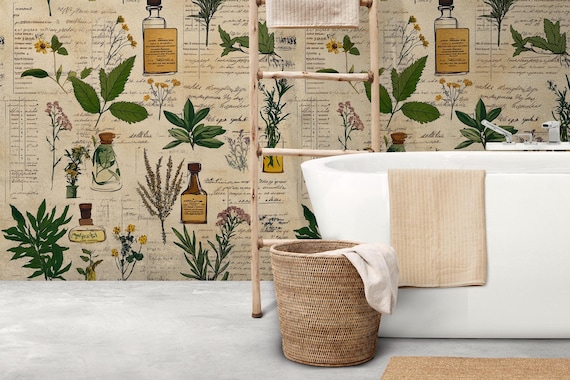 Vintage Herb Botanical Wallpaper: Apothecary Style Peel and Stick Wall Mural