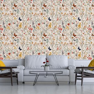 Floral Butterfly Wallpaper | Vintage-Inspired Peel and Stick Wall Decor | Removable Wallpaper