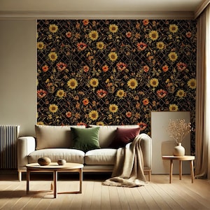 Papel de parede floral vintage - fundo preto com girassóis e papoulas | Papel de parede descascável e adesivo