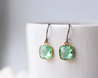 Light Green Erinite Glass Titanium Earrings Nickel Free Dainty Gold Square