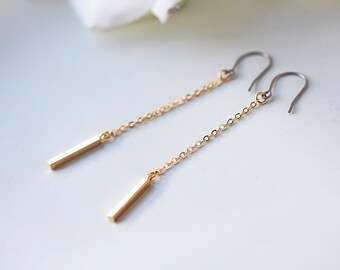 Long Small Gold Bar Titanium Dangle Earrings Minimalist Modern Nickel Free