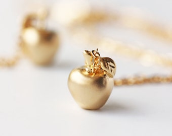 Matte Gold Apple Necklace Golden Apple Pendant Jewelry