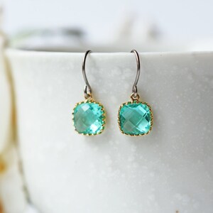 Blue Zircon Glass Titanium Earrings Nickel Free Gold or Silver Frame Dainty Square image 2