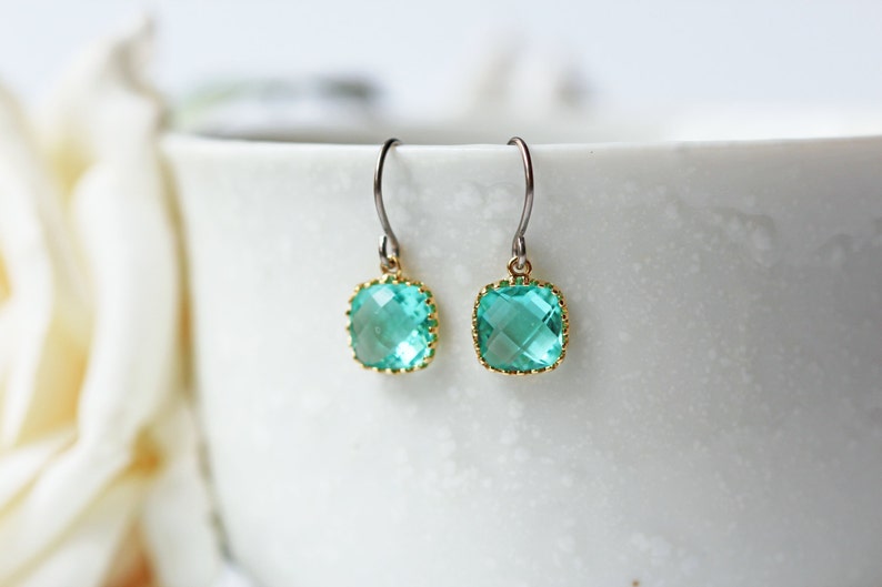 Blue Zircon Glass Titanium Earrings Nickel Free Gold or Silver Frame Dainty Square image 2