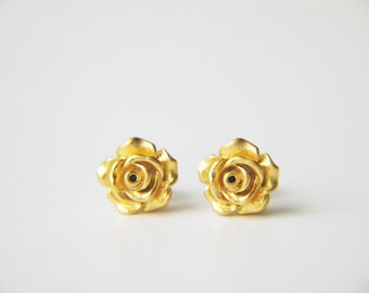 Matte Gold Rose Flower Stud Earrings Valentine Love